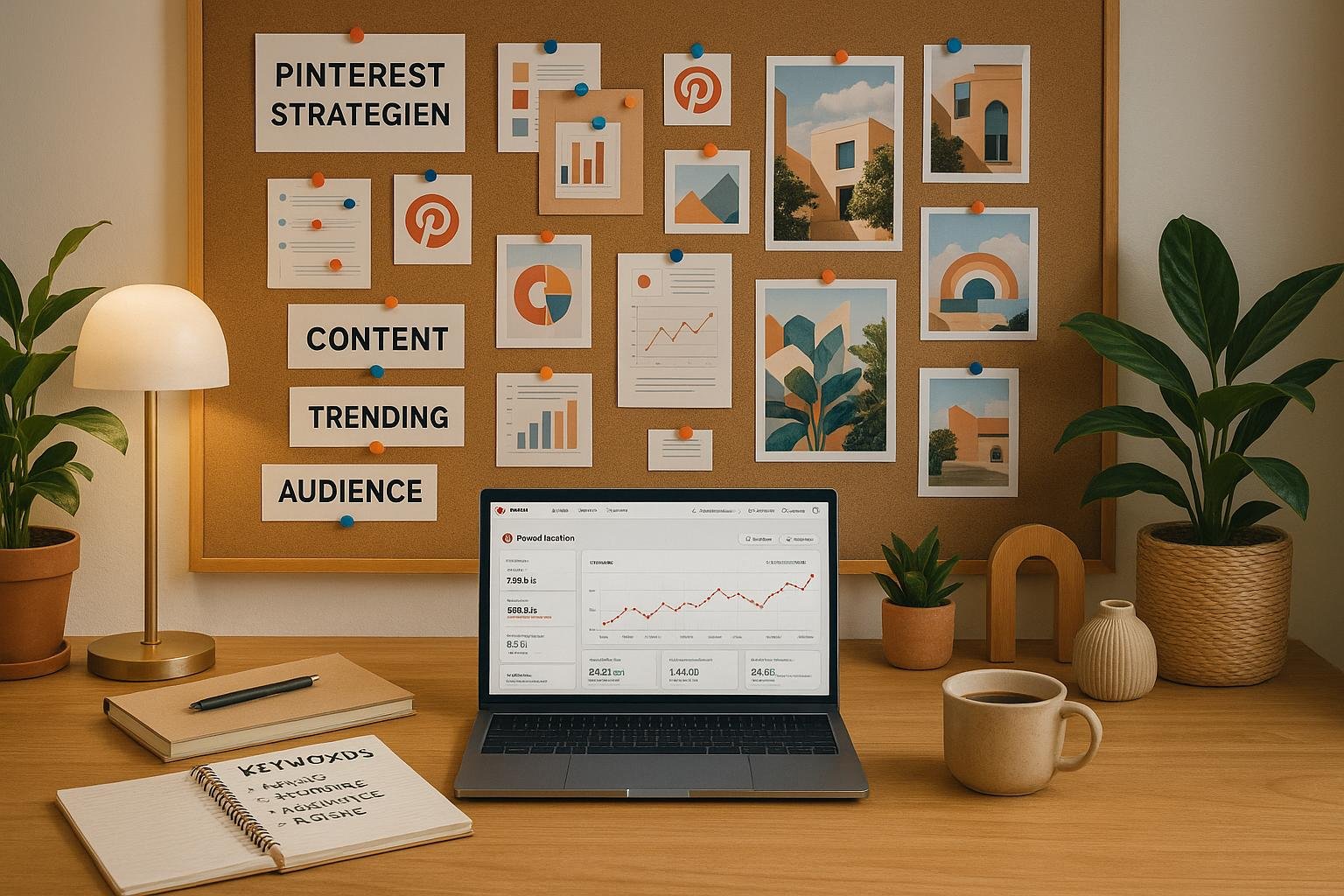 Modern eingerichtetes Home-Office mit Pinnwand, Laptop mit Pinterest-Software, Notizen, Pflanzen und Deko-Elementen, geschaffen für kreative Arbeit