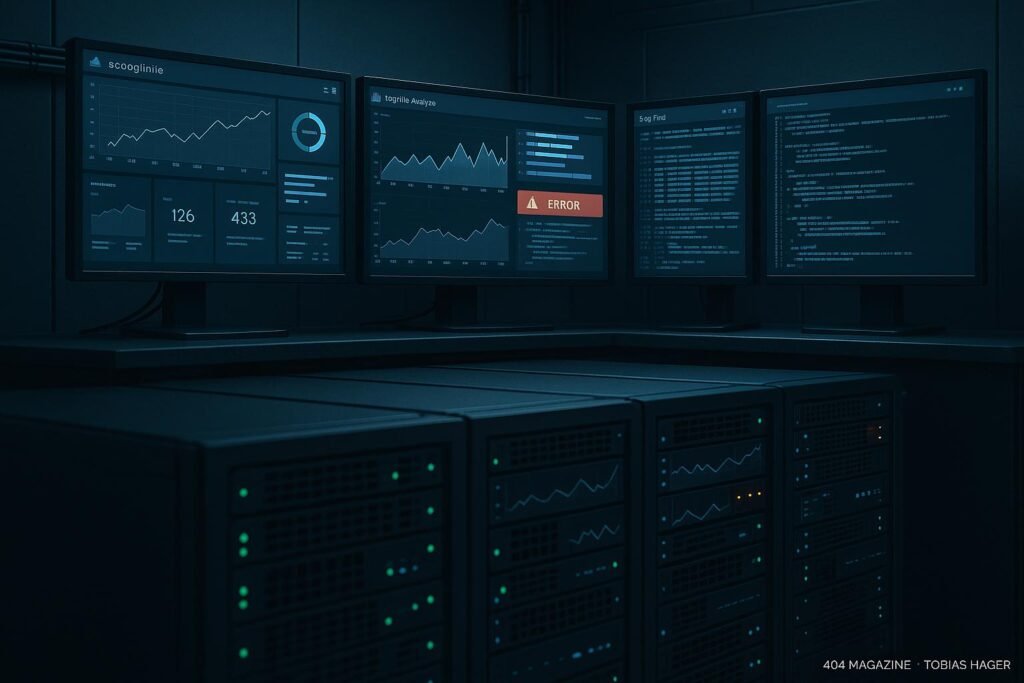 Serverraum mit Monitoren, Dashboards, Logfile-Analysen und blinkenden Serverlichtern in Blau- und Grautönen, vermittelt Hochtechnologie und Datenanalyse.