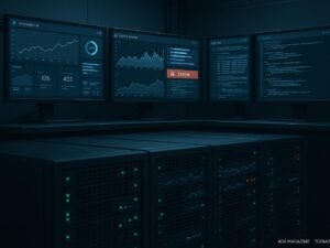 Serverraum mit Monitoren, Dashboards, Logfile-Analysen und blinkenden Serverlichtern in Blau- und Grautönen, vermittelt Hochtechnologie und Datenanalyse.