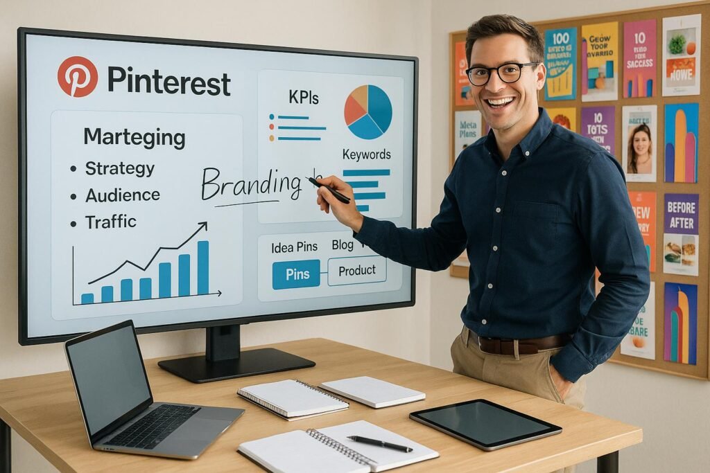 Enthusiastischer Experte arbeitet an einer großen digitalen Pinnwand mit visuellen Inhalten, Diagrammen und Notizen in einem hell erleuchteten Raum. Credit: 404 Magazine (Tobias Hager)