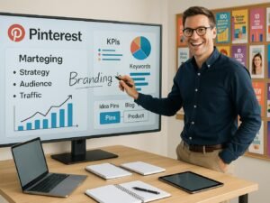 Enthusiastischer Experte arbeitet an einer großen digitalen Pinnwand mit visuellen Inhalten, Diagrammen und Notizen in einem hell erleuchteten Raum. Credit: 404 Magazine (Tobias Hager)