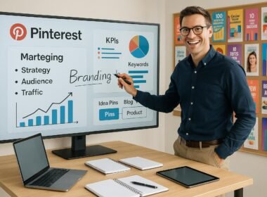 Enthusiastischer Experte arbeitet an einer großen digitalen Pinnwand mit visuellen Inhalten, Diagrammen und Notizen in einem hell erleuchteten Raum. Credit: 404 Magazine (Tobias Hager)