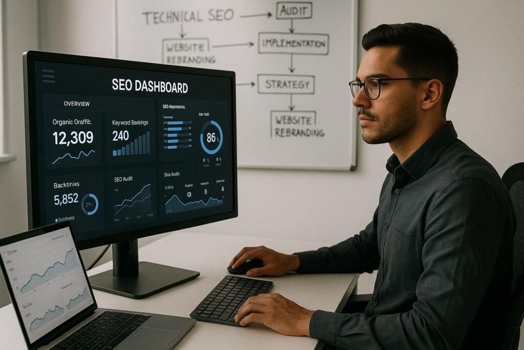 Ein digitaler Marketingprofi analysiert SEO-Analytics-Dashboards in einem modernen Büro, mit Whiteboard und Laptop im Hintergrund.