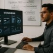 Ein digitaler Marketingprofi analysiert SEO-Analytics-Dashboards in einem modernen Büro, mit Whiteboard und Laptop im Hintergrund.