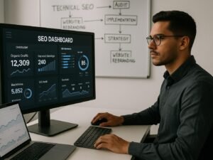 Ein digitaler Marketingprofi analysiert SEO-Analytics-Dashboards in einem modernen Büro, mit Whiteboard und Laptop im Hintergrund.