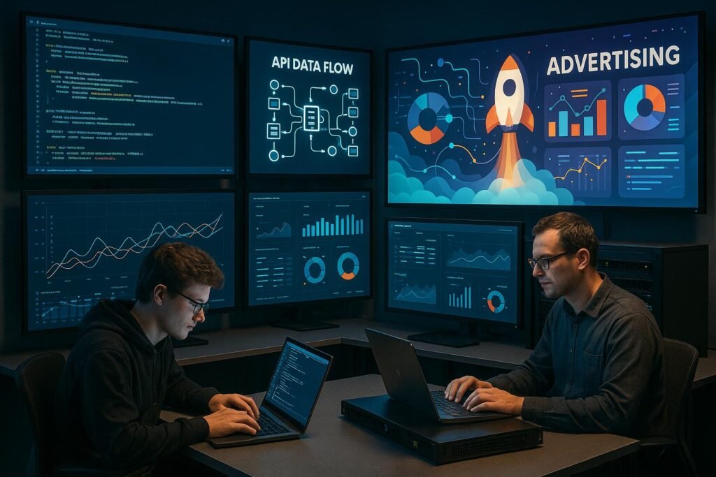 Entwickler in einem modernen Technikstudio mit großen Monitoren, die Code, API-Datenflüsse und Dashboard-Analysen zeigen, im Hintergrund leuchtende Diagramme und kreative Werbegrafiken. Credit: 404 Magazine (Tobias Hager).
