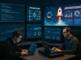 Entwickler in einem modernen Technikstudio mit großen Monitoren, die Code, API-Datenflüsse und Dashboard-Analysen zeigen, im Hintergrund leuchtende Diagramme und kreative Werbegrafiken. Credit: 404 Magazine (Tobias Hager).