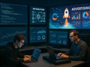 Entwickler in einem modernen Technikstudio mit großen Monitoren, die Code, API-Datenflüsse und Dashboard-Analysen zeigen, im Hintergrund leuchtende Diagramme und kreative Werbegrafiken. Credit: 404 Magazine (Tobias Hager).