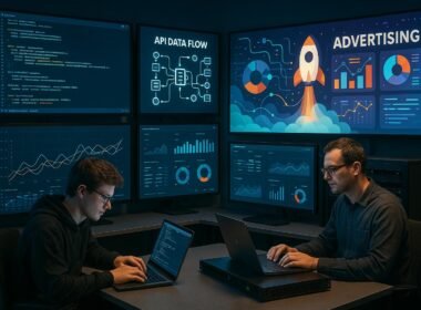 Entwickler in einem modernen Technikstudio mit großen Monitoren, die Code, API-Datenflüsse und Dashboard-Analysen zeigen, im Hintergrund leuchtende Diagramme und kreative Werbegrafiken. Credit: 404 Magazine (Tobias Hager).