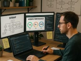 Ein professioneller Webentwickler arbeitet an einem modernen Schreibtisch mit mehreren Monitoren, die SEO-Tools und Website-Analysen zeigen, um die Website-Performance zu verbessern.