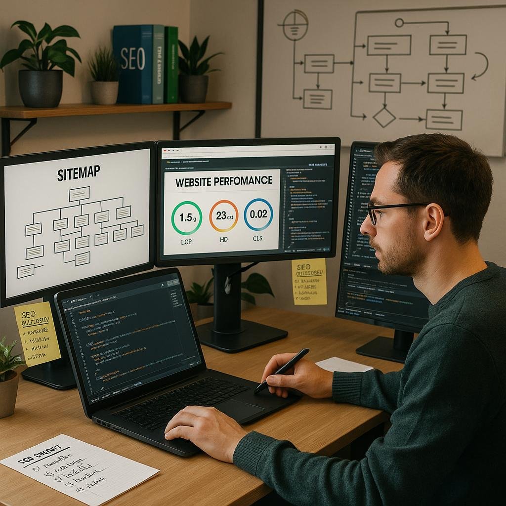 Ein professioneller Webentwickler arbeitet an einem modernen Schreibtisch mit mehreren Monitoren, die SEO-Tools und Website-Analysen zeigen, um die Website-Performance zu verbessern.
