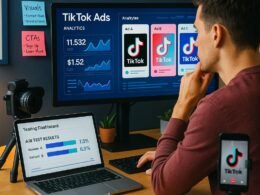 Modernes digitales Marketing-Arbeitsplatz mit Bildschirmen, Notizen und Content-Creation-Tools, aufgenommen bei einem energischen und fokussierten Arbeitsmoment. Credit: 404 Magazine (Tobias Hager)