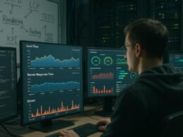 Entwickler in einem modernen Büro mit mehreren Monitoren, Whiteboards und Serverräumen, die Performance-Daten und Monitoring-Tools zeigen