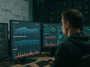 Entwickler in einem modernen Büro mit mehreren Monitoren, Whiteboards und Serverräumen, die Performance-Daten und Monitoring-Tools zeigen