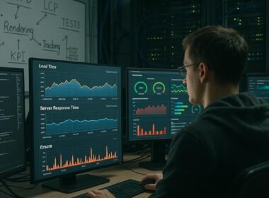Entwickler in einem modernen Büro mit mehreren Monitoren, Whiteboards und Serverräumen, die Performance-Daten und Monitoring-Tools zeigen