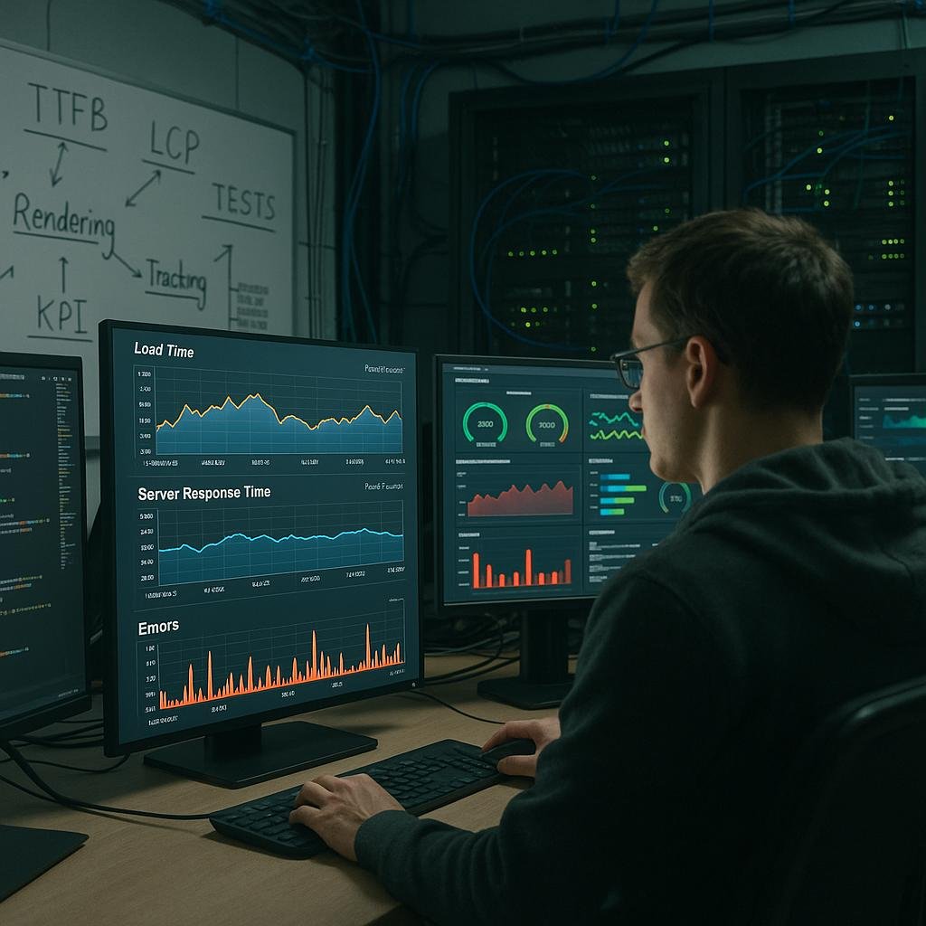 Entwickler in einem modernen Büro mit mehreren Monitoren, Whiteboards und Serverräumen, die Performance-Daten und Monitoring-Tools zeigen