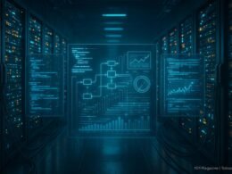 Hochmoderner Serverraum mit blinkenden Lichtern, Server-Racks und holographischen Interfaces, die Code, Diagramme und Datenströme zeigen.
