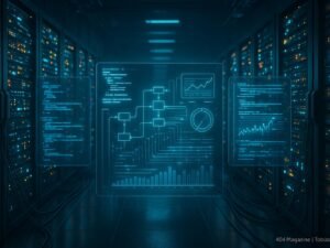 Hochmoderner Serverraum mit blinkenden Lichtern, Server-Racks und holographischen Interfaces, die Code, Diagramme und Datenströme zeigen.