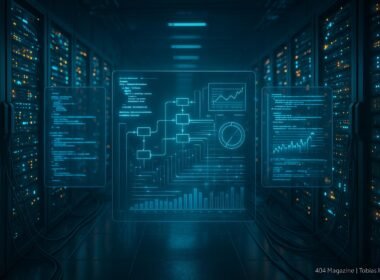 Hochmoderner Serverraum mit blinkenden Lichtern, Server-Racks und holographischen Interfaces, die Code, Diagramme und Datenströme zeigen.