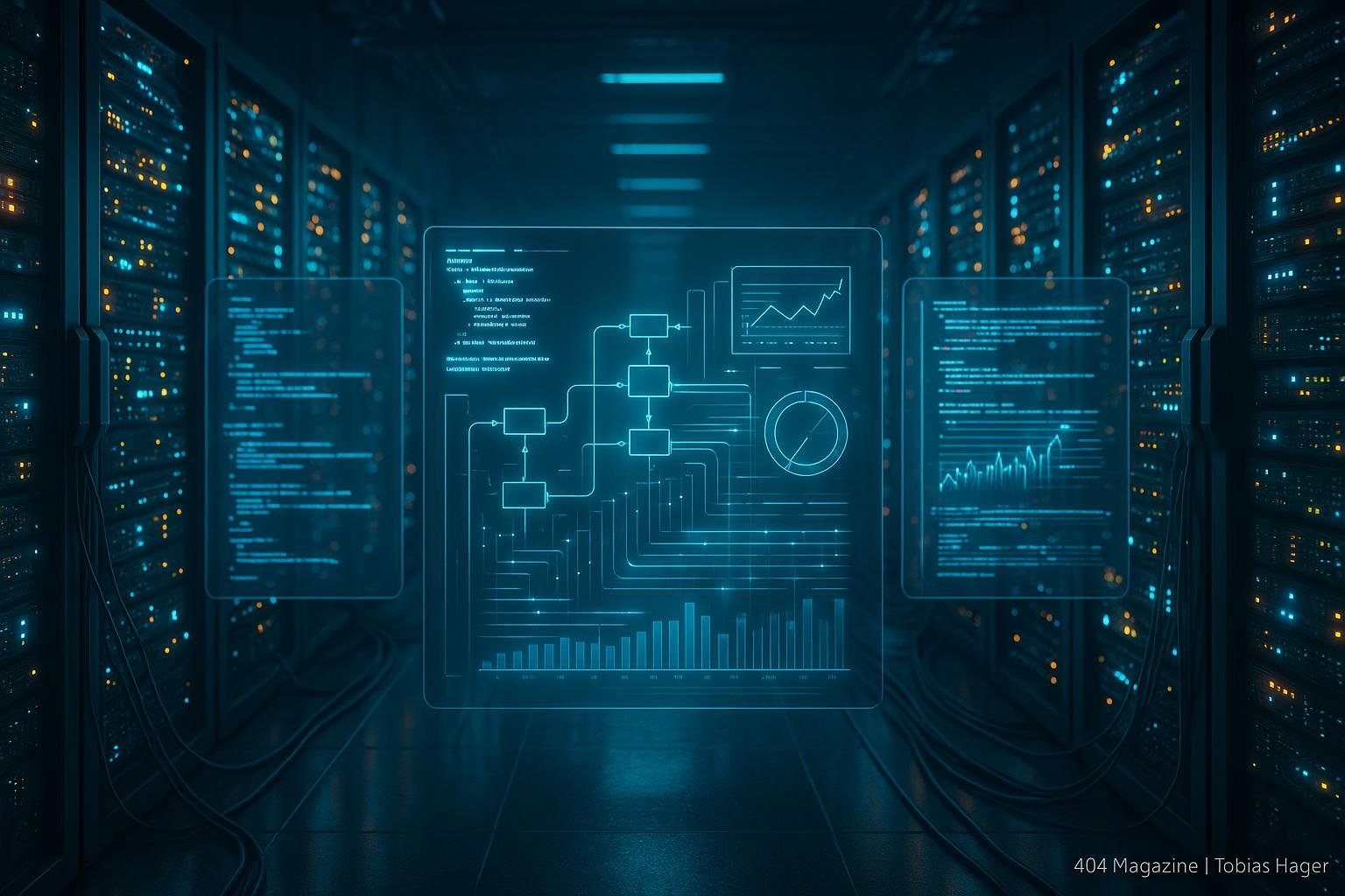 Hochmoderner Serverraum mit blinkenden Lichtern, Server-Racks und holographischen Interfaces, die Code, Diagramme und Datenströme zeigen.