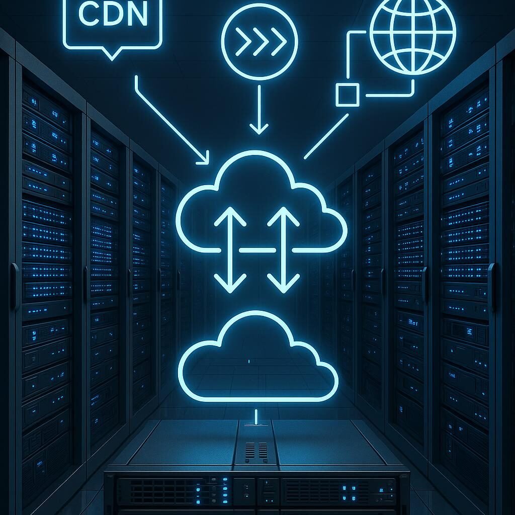 Hochmodernes Rechenzentrum mit Cloud-Architekturen, Edge-Servern und CDN-Netzwerken, die weltweite Zugriffe ermöglichen, im futuristischen Design.