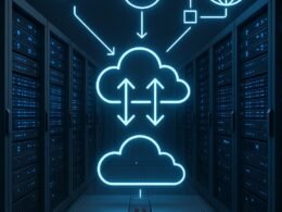 Hochmodernes Rechenzentrum mit Cloud-Architekturen, Edge-Servern und CDN-Netzwerken, die weltweite Zugriffe ermöglichen, im futuristischen Design.