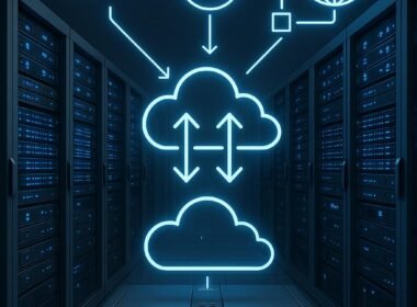 Hochmodernes Rechenzentrum mit Cloud-Architekturen, Edge-Servern und CDN-Netzwerken, die weltweite Zugriffe ermöglichen, im futuristischen Design.