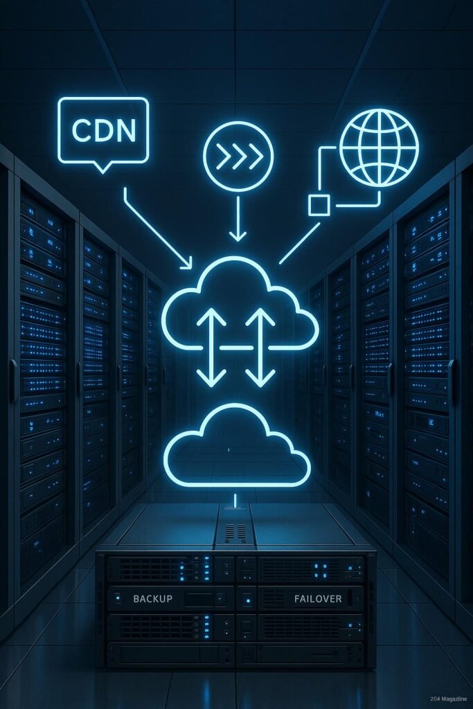 Hochmodernes Rechenzentrum mit Cloud-Architekturen, Edge-Servern und CDN-Netzwerken, die weltweite Zugriffe ermöglichen, im futuristischen Design.