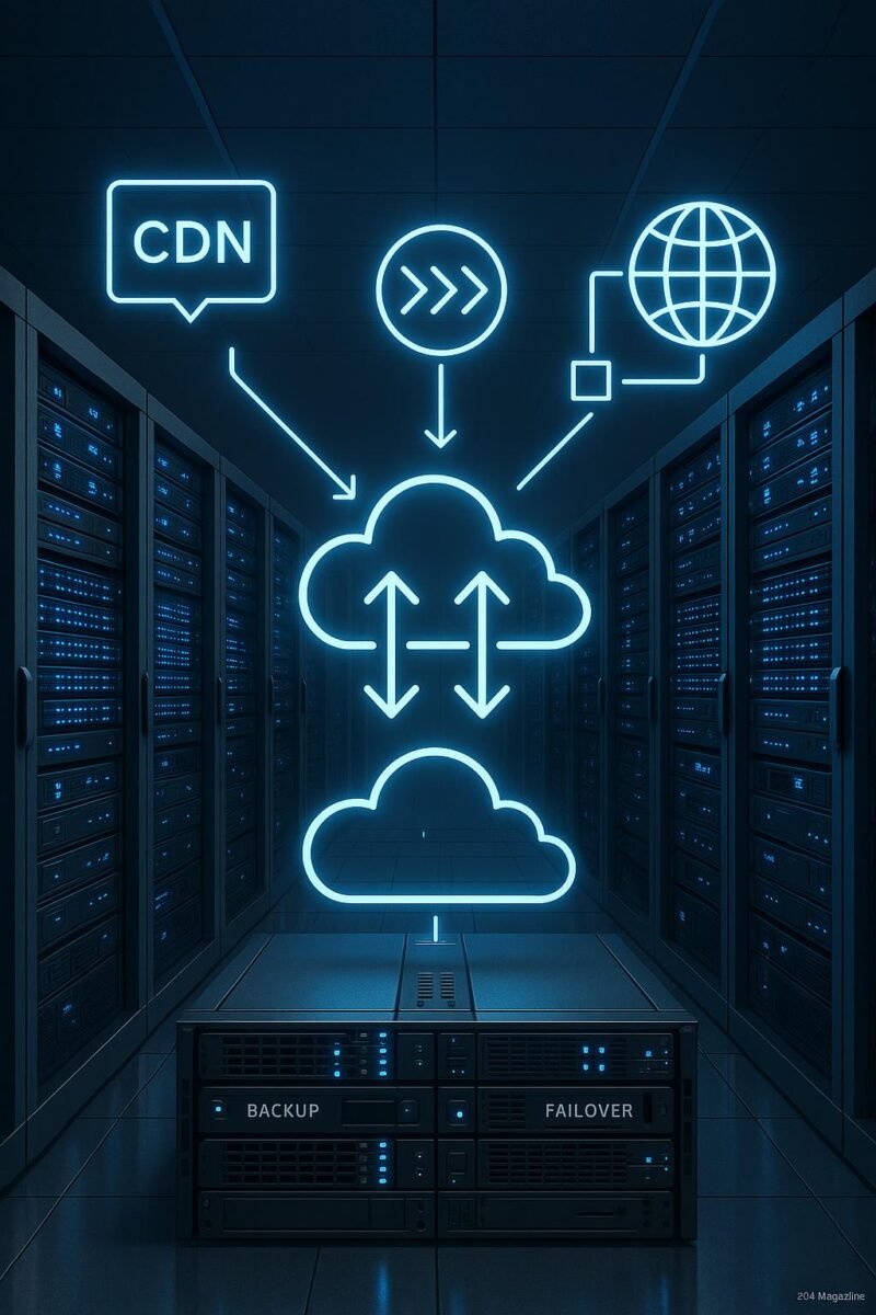 Hochmodernes Rechenzentrum mit Cloud-Architekturen, Edge-Servern und CDN-Netzwerken, die weltweite Zugriffe ermöglichen, im futuristischen Design.