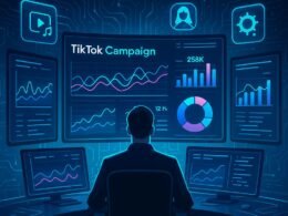 Futuristischer Kontrollraum mit großen Bildschirmen, Datenvisualisierungen, kreativen Assets und digitaler Schnittstelle, unterstrichen durch blaue Neonlichter, subtiler Schaltkreismuster und fließende Datenströme, im Hintergrund. Credit: 404 Magazine (Tobias Hager).