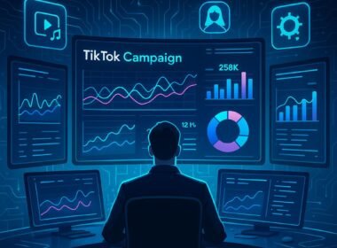 Futuristischer Kontrollraum mit großen Bildschirmen, Datenvisualisierungen, kreativen Assets und digitaler Schnittstelle, unterstrichen durch blaue Neonlichter, subtiler Schaltkreismuster und fließende Datenströme, im Hintergrund. Credit: 404 Magazine (Tobias Hager).