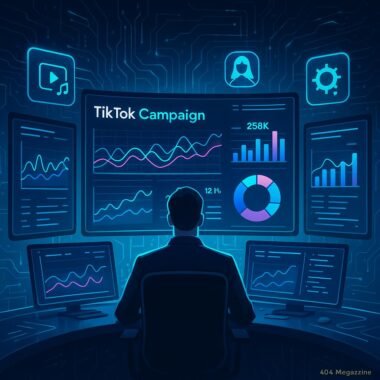 Futuristischer Kontrollraum mit großen Bildschirmen, Datenvisualisierungen, kreativen Assets und digitaler Schnittstelle, unterstrichen durch blaue Neonlichter, subtiler Schaltkreismuster und fließende Datenströme, im Hintergrund. Credit: 404 Magazine (Tobias Hager).