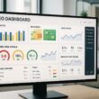 Moderner Arbeitsplatz mit großem Monitor, der ein detailliertes SEO-Dashboard mit Visualisierungen, Core Web Vitals und technischen Analysen zeigt, im Hintergrund technische Tools und API-Integrationen sichtbar. Credit: 404 Magazine (Tobias Hager)