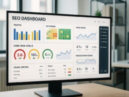 Moderner Arbeitsplatz mit großem Monitor, der ein detailliertes SEO-Dashboard mit Visualisierungen, Core Web Vitals und technischen Analysen zeigt, im Hintergrund technische Tools und API-Integrationen sichtbar. Credit: 404 Magazine (Tobias Hager)