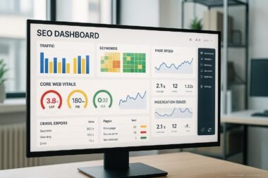 Moderner Arbeitsplatz mit großem Monitor, der ein detailliertes SEO-Dashboard mit Visualisierungen, Core Web Vitals und technischen Analysen zeigt, im Hintergrund technische Tools und API-Integrationen sichtbar. Credit: 404 Magazine (Tobias Hager)