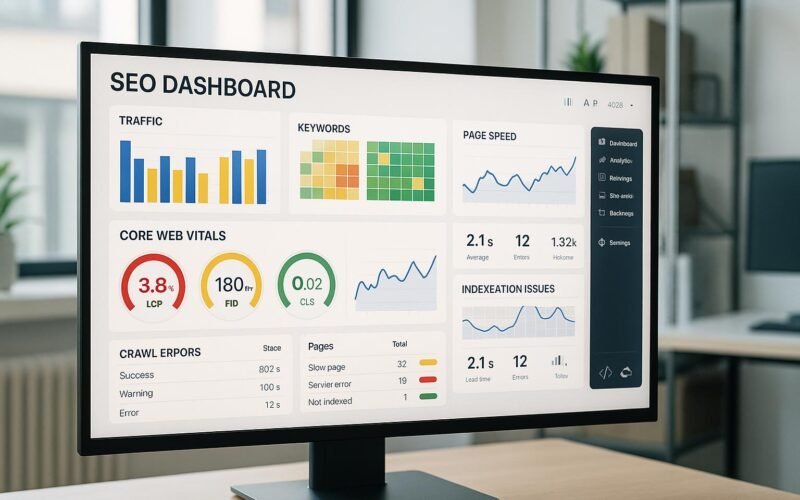Moderner Arbeitsplatz mit großem Monitor, der ein detailliertes SEO-Dashboard mit Visualisierungen, Core Web Vitals und technischen Analysen zeigt, im Hintergrund technische Tools und API-Integrationen sichtbar. Credit: 404 Magazine (Tobias Hager)