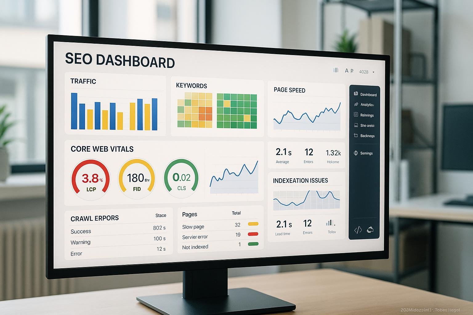 Moderner Arbeitsplatz mit großem Monitor, der ein detailliertes SEO-Dashboard mit Visualisierungen, Core Web Vitals und technischen Analysen zeigt, im Hintergrund technische Tools und API-Integrationen sichtbar. Credit: 404 Magazine (Tobias Hager)