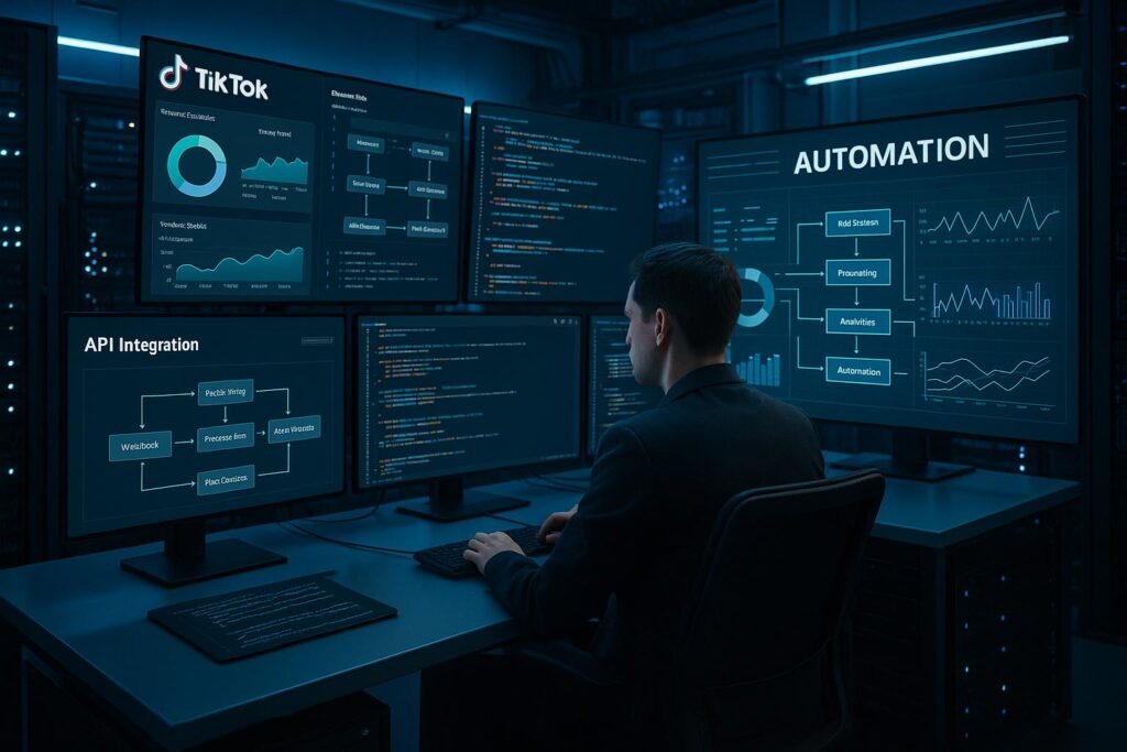 Futuristischer Kontrollraum mit Monitoren, Servern und Netzwerkgeräten, der TikTok-Analysen und Automatisierungsprozesse zeigt, von einem professionellen Operator überwacht.