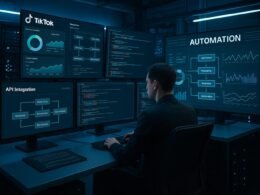 Futuristischer Kontrollraum mit Monitoren, Servern und Netzwerkgeräten, der TikTok-Analysen und Automatisierungsprozesse zeigt, von einem professionellen Operator überwacht.