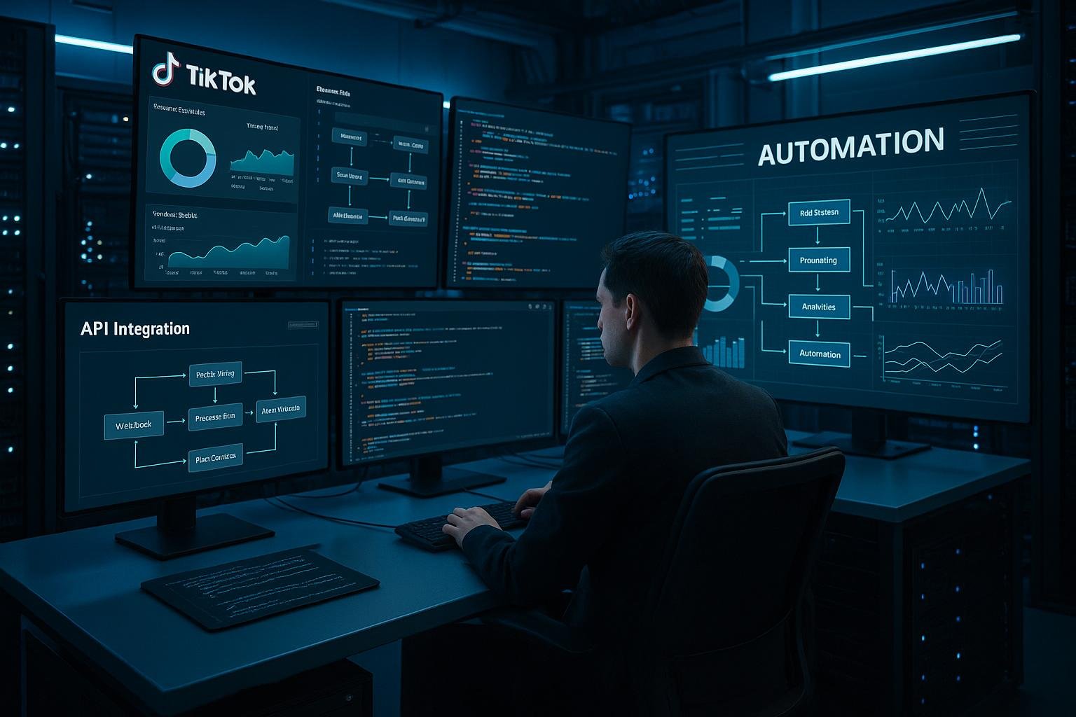 Futuristischer Kontrollraum mit Monitoren, Servern und Netzwerkgeräten, der TikTok-Analysen und Automatisierungsprozesse zeigt, von einem professionellen Operator überwacht.