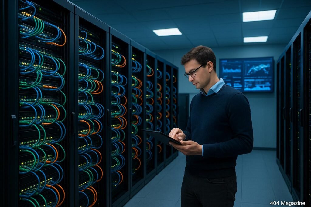 Rechenzentrum mit schwarzen Serverracks, blauen, grünen und orangefarbenen Netzwerkkabeln, Monitoring-Bildschirmen und einer Person mit Tablet, Tobias Hager, 404 Magazine