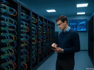 Rechenzentrum mit schwarzen Serverracks, blauen, grünen und orangefarbenen Netzwerkkabeln, Monitoring-Bildschirmen und einer Person mit Tablet, Tobias Hager, 404 Magazine