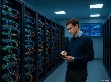 Rechenzentrum mit schwarzen Serverracks, blauen, grünen und orangefarbenen Netzwerkkabeln, Monitoring-Bildschirmen und einer Person mit Tablet, Tobias Hager, 404 Magazine