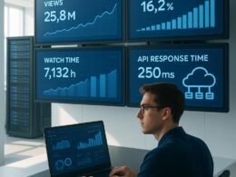 Technikbegeisterter Marketer überwacht in einem minimalistischen Kontrollraum große Displays mit Echtzeit-Daten, während im Hintergrund Serverracks und Cloud-Server für Automatisierung sorgen.