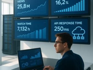 Technikbegeisterter Marketer überwacht in einem minimalistischen Kontrollraum große Displays mit Echtzeit-Daten, während im Hintergrund Serverracks und Cloud-Server für Automatisierung sorgen.