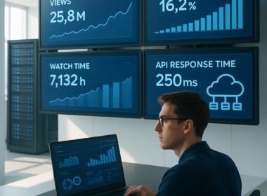 Technikbegeisterter Marketer überwacht in einem minimalistischen Kontrollraum große Displays mit Echtzeit-Daten, während im Hintergrund Serverracks und Cloud-Server für Automatisierung sorgen.