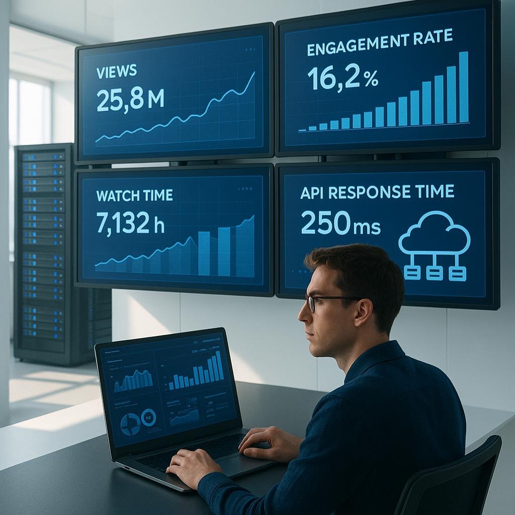 Technikbegeisterter Marketer überwacht in einem minimalistischen Kontrollraum große Displays mit Echtzeit-Daten, während im Hintergrund Serverracks und Cloud-Server für Automatisierung sorgen.