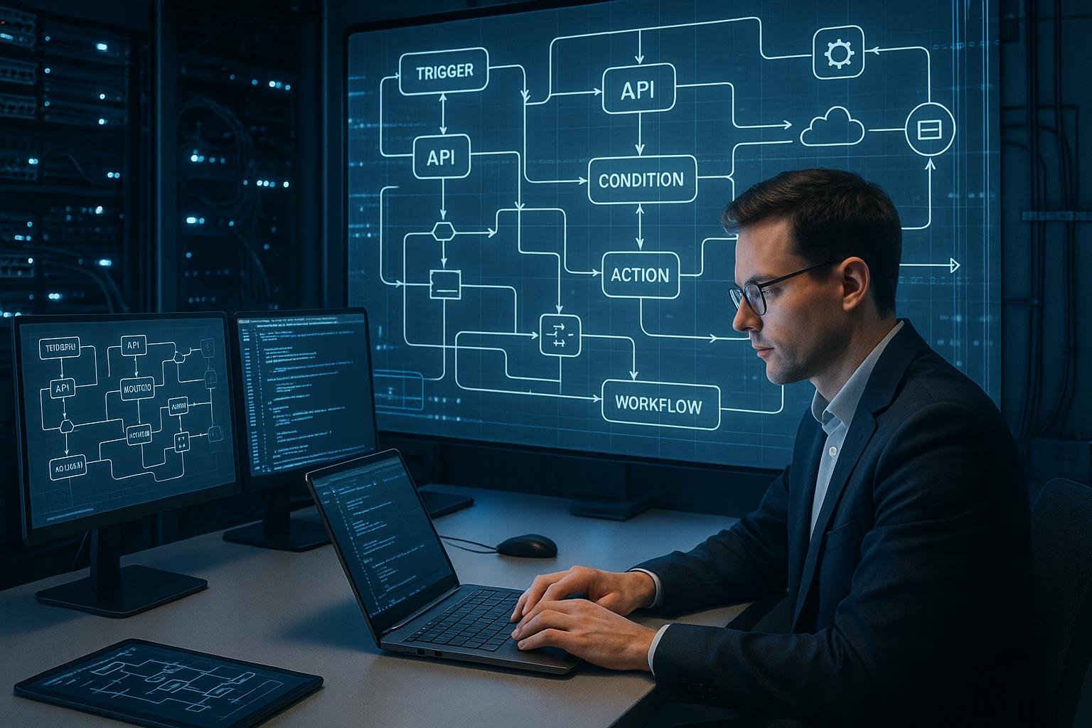 Moderner Büroarbeitsplatz mit mehreren Monitoren und digitalem Bildschirm, der Automatisierungs-Workflows und API-Diagramme darstellt, im Hintergrund technische Geräte und Workflow-Icons sichtbar, mit blauen und weißen Lichtakzenten, eine Person arbeitet fokussiert an einem Laptop, Credit: 404 Magazine (Tobias Hager)