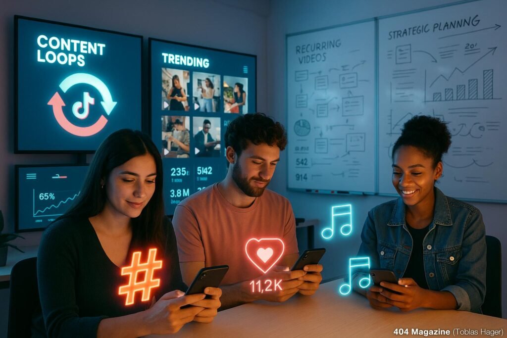 Modernes TikTok-Content-Studio mit großen Bildschirmen, Content-Produzenten an Smartphones, Whiteboards mit Skizzen, leuchtenden Overlay-Elementen und Analyse-Dashboards im Hintergrund.