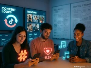 Modernes TikTok-Content-Studio mit großen Bildschirmen, Content-Produzenten an Smartphones, Whiteboards mit Skizzen, leuchtenden Overlay-Elementen und Analyse-Dashboards im Hintergrund.